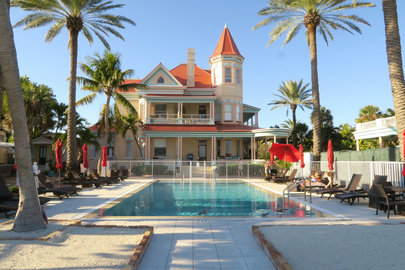 Florida home with a screened pool surrounded by palm trees